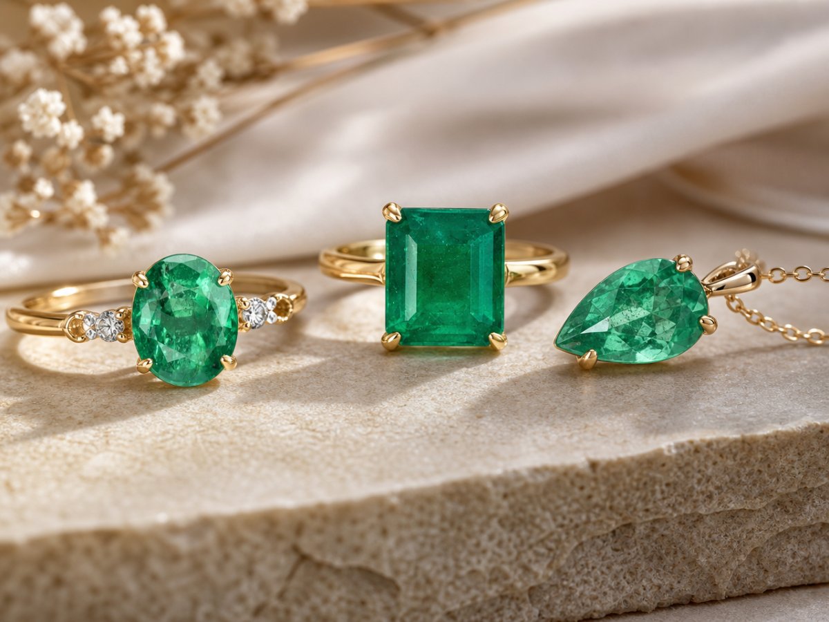 Gemas de esmeralda mostradas en joyería