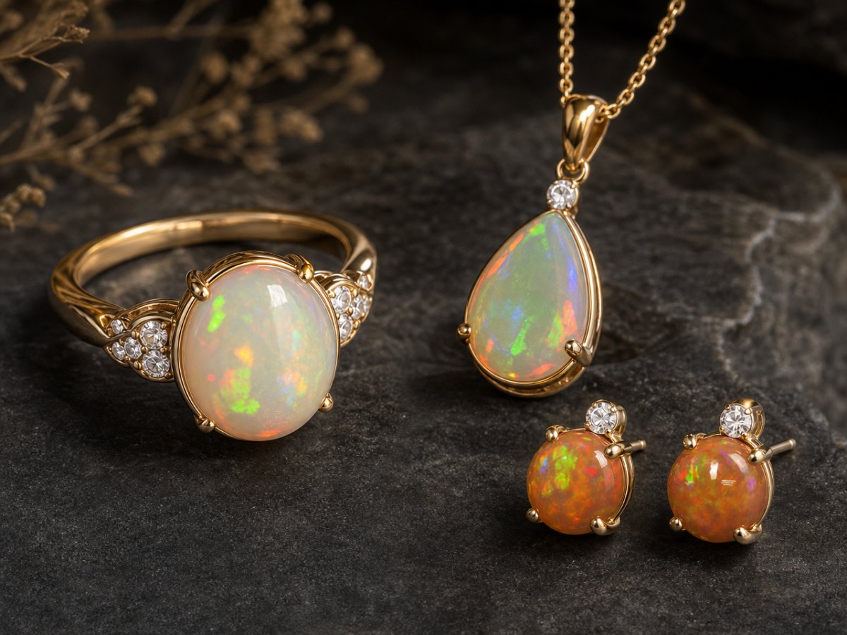Gemas de ópalo etíope mostradas en joyería