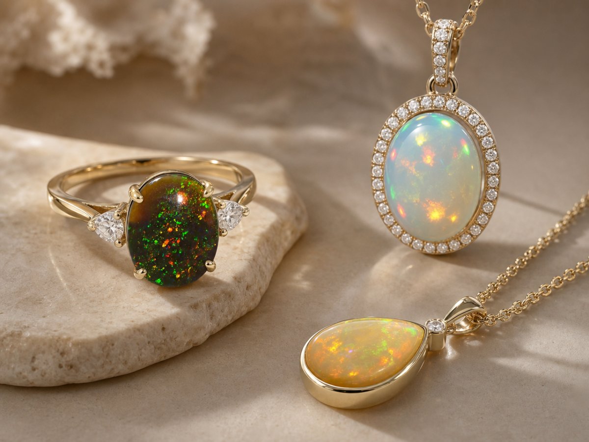 Gemas de ópalo etíope mostradas en joyería