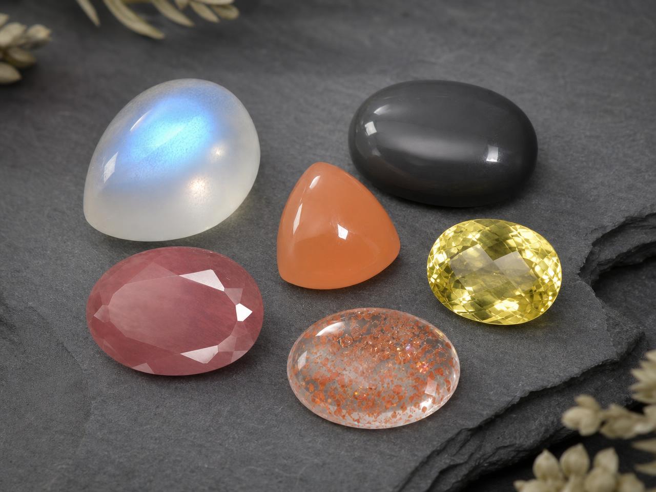 Surtido de gemas sueltas de feldespato, incluyendo piedra lunar, labradorita y piedra solar.