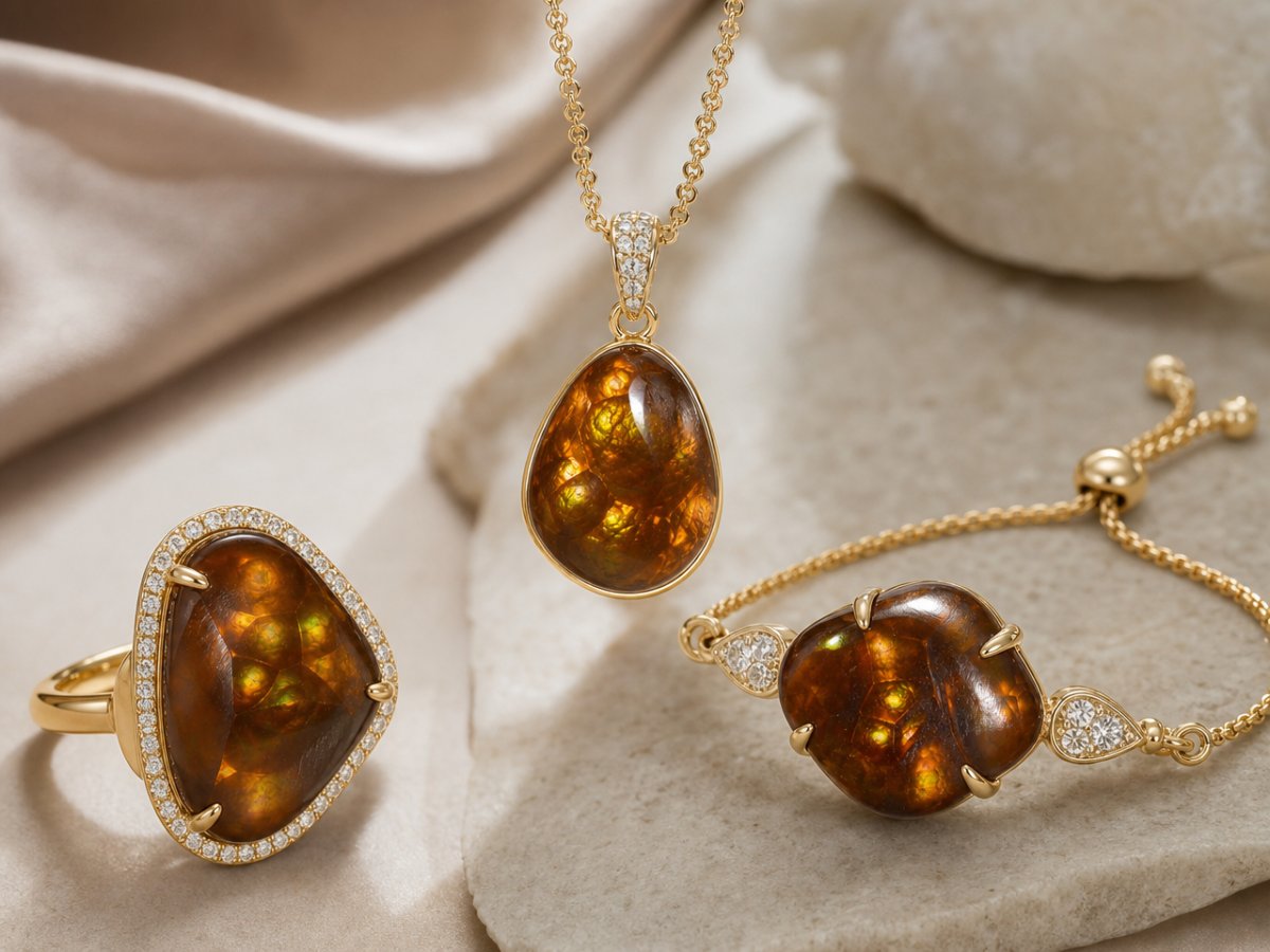 Gemas de ágata de fuego mostradas en joyería