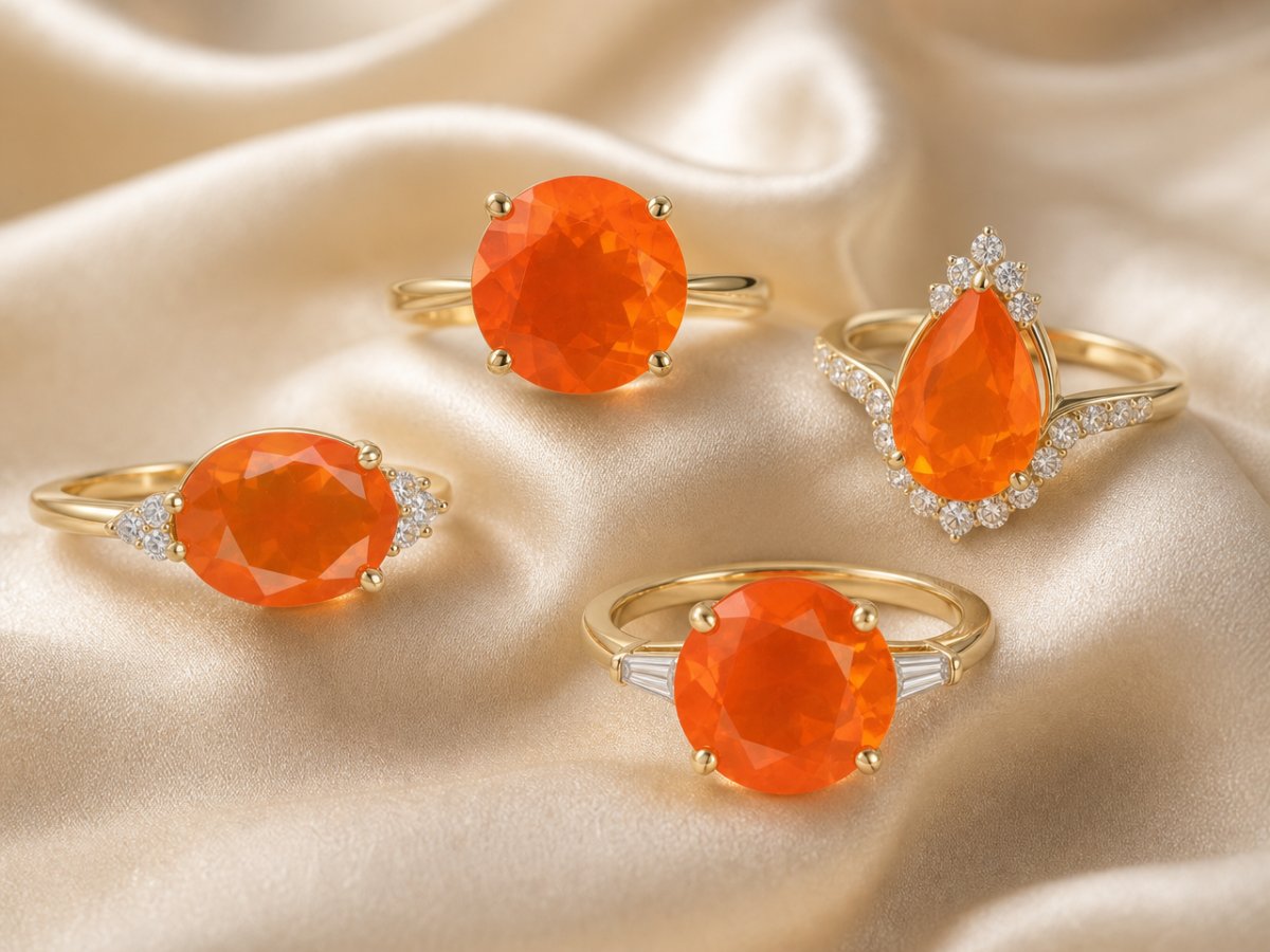 Gemas de ópalo de fuego mostradas en joyería