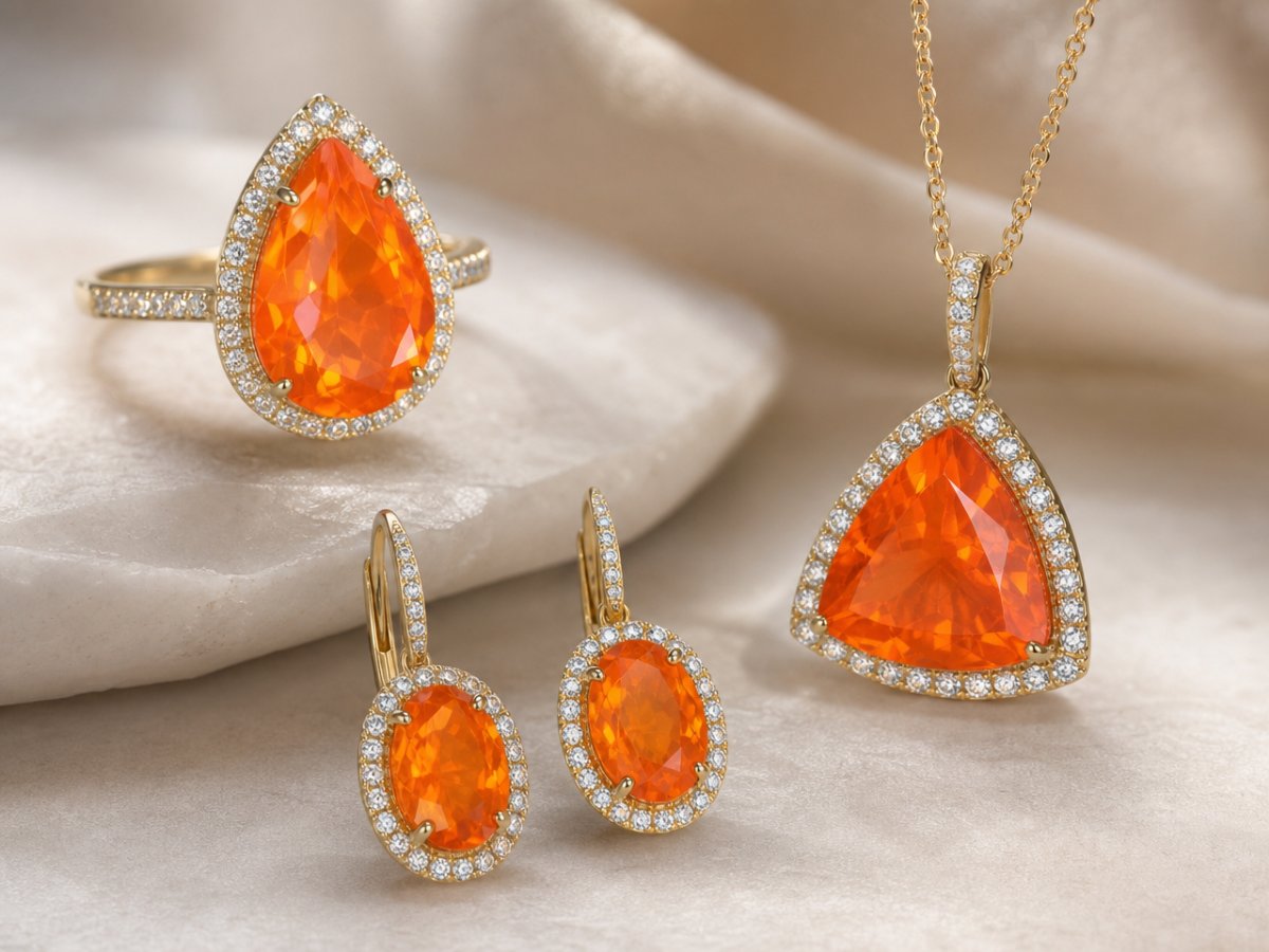 Gemas de ópalo de fuego mostradas en joyería
