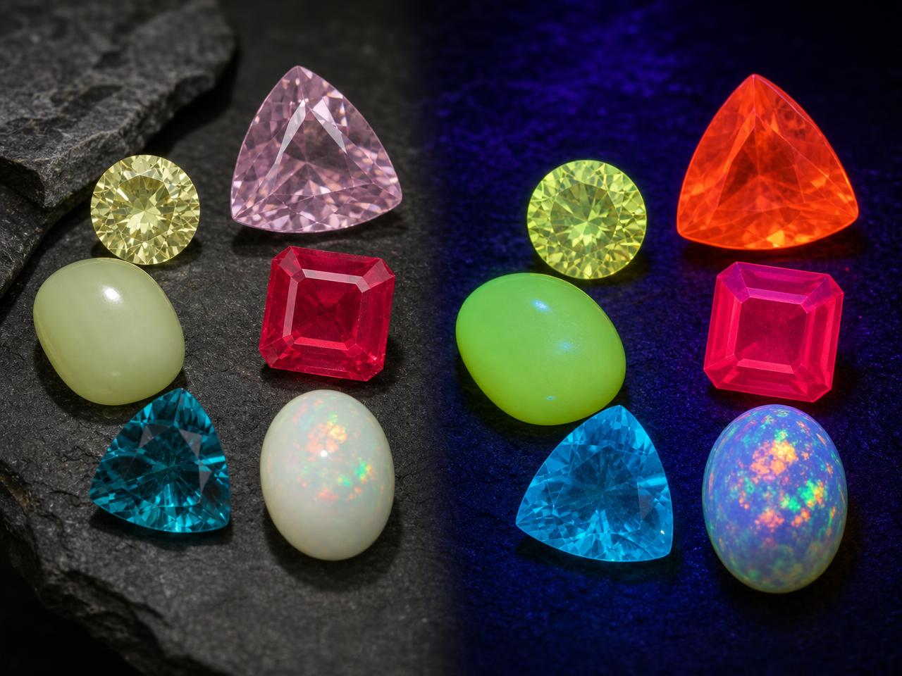Gemas fluorescentes sueltas que brillan bajo la luz ultravioleta.
