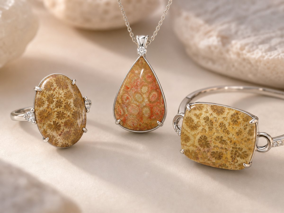 Gemas de coral fósil mostradas en joyería