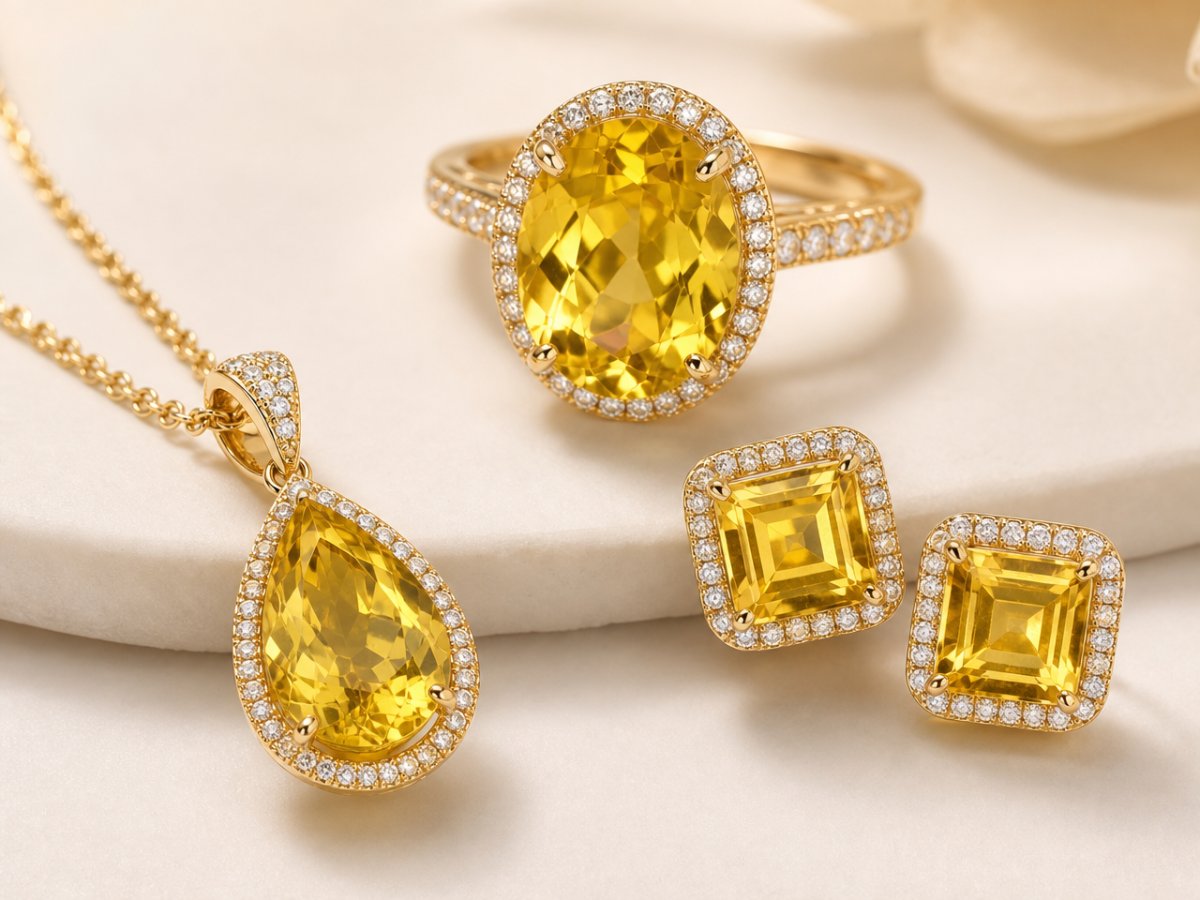 Gemas de berilo dorado mostradas en joyería