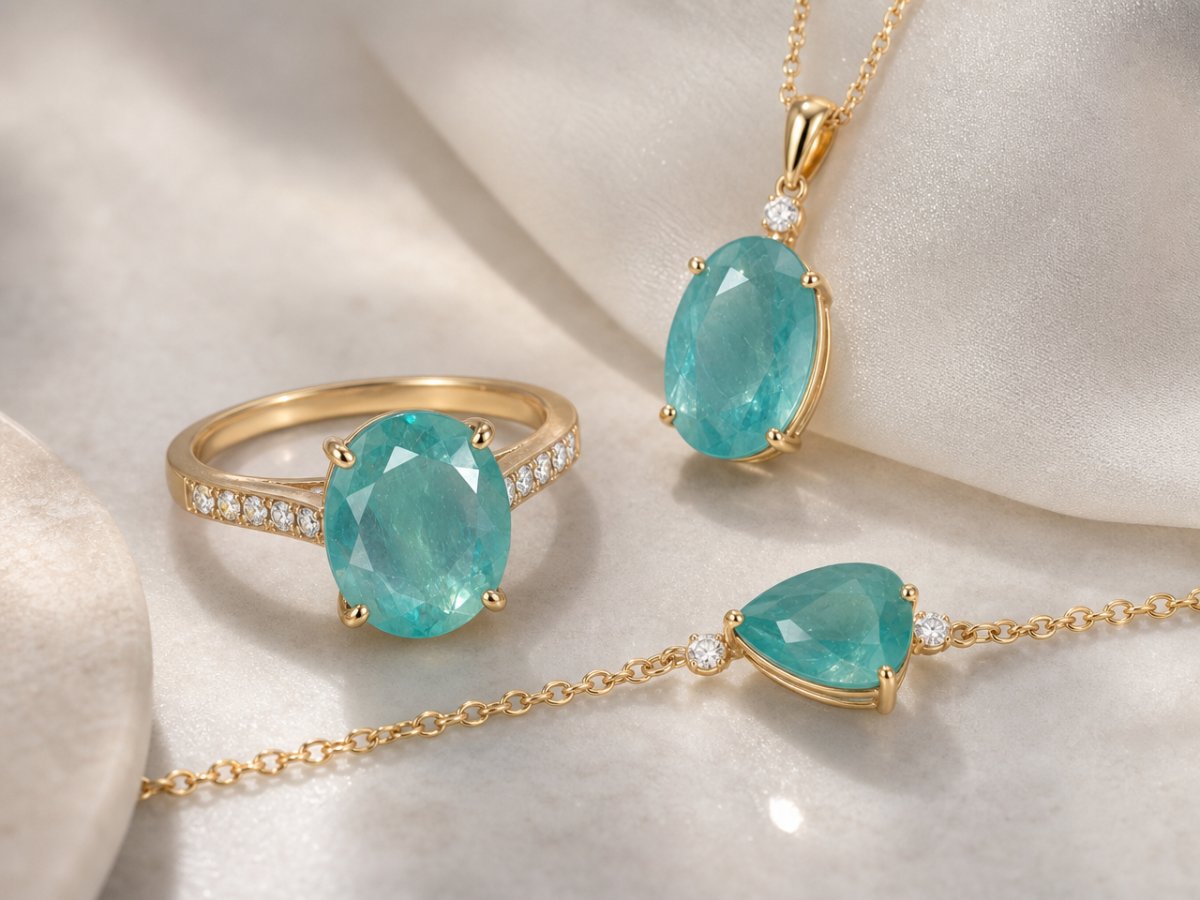Gemas de grandidierita mostradas en joyería