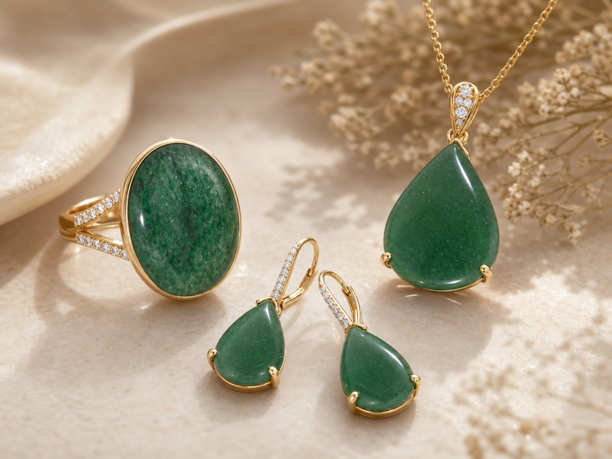 Gemas de aventurina verde mostradas en joyería