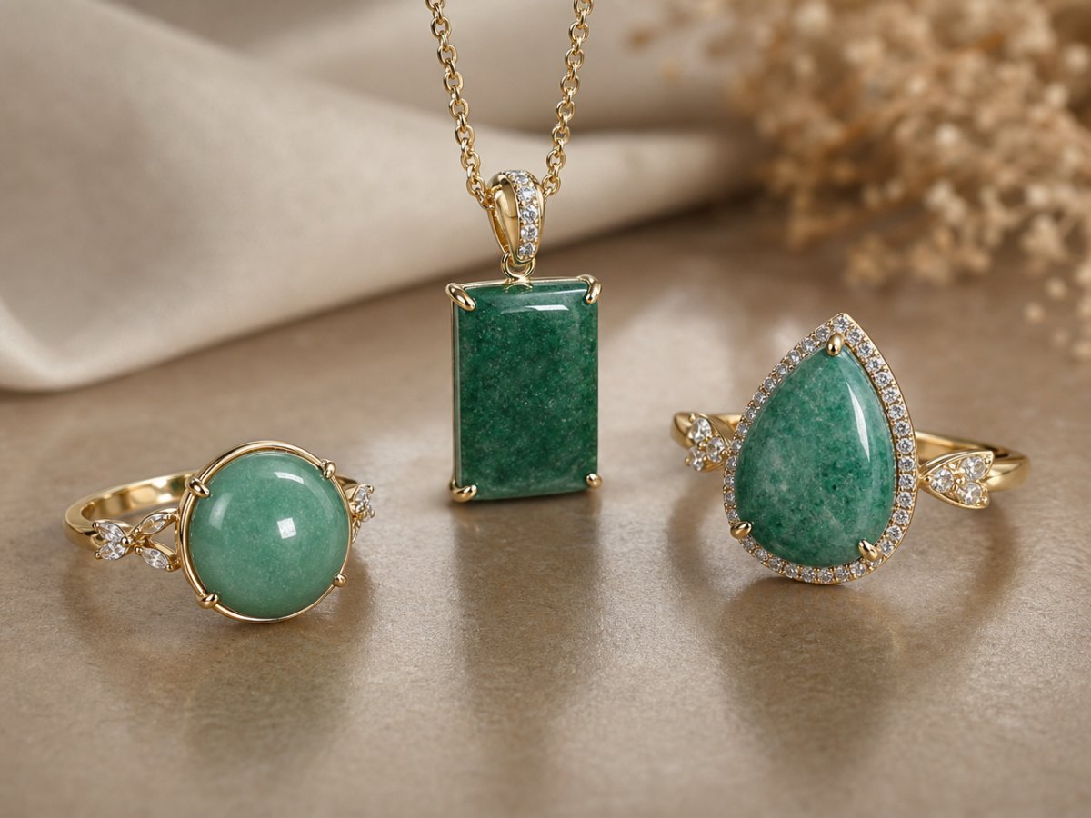 Gemas de aventurina verde mostradas en joyería