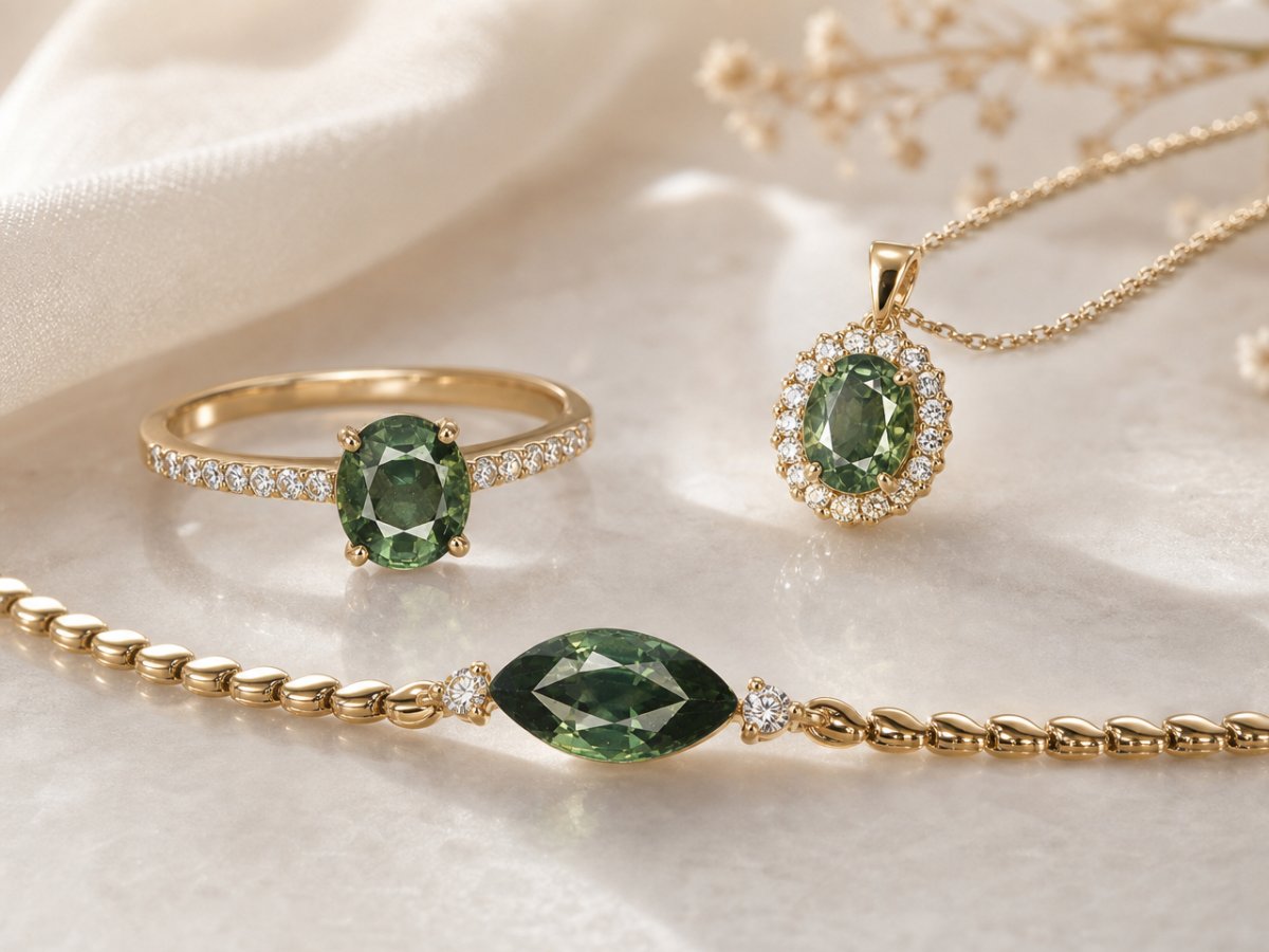 Gemas de zafiro verde mostradas en joyería