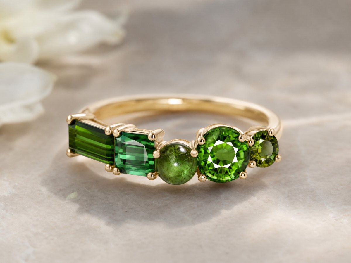 Gemas de turmalina verde mostradas en joyería