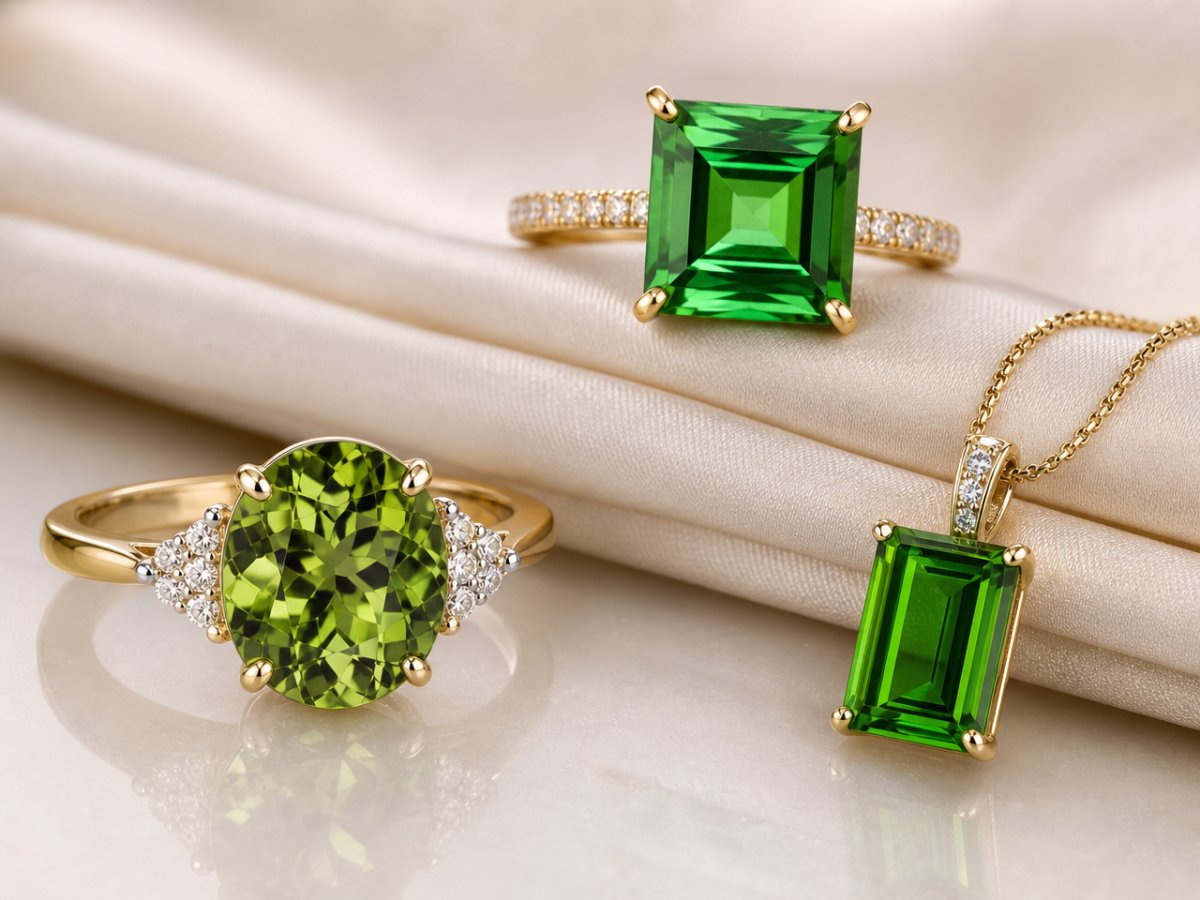 Gemas de turmalina verde mostradas en joyería