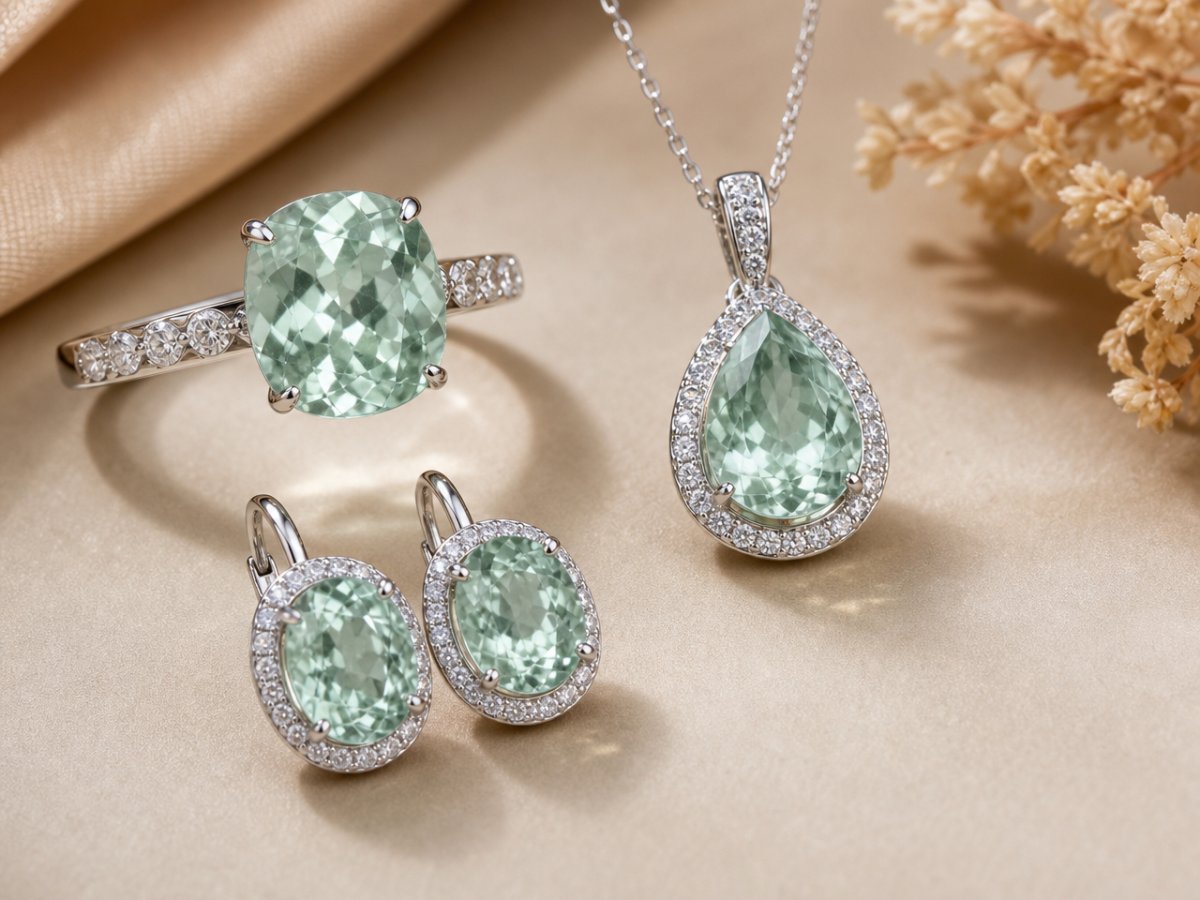 Gemas de hiddenita mostradas en joyería