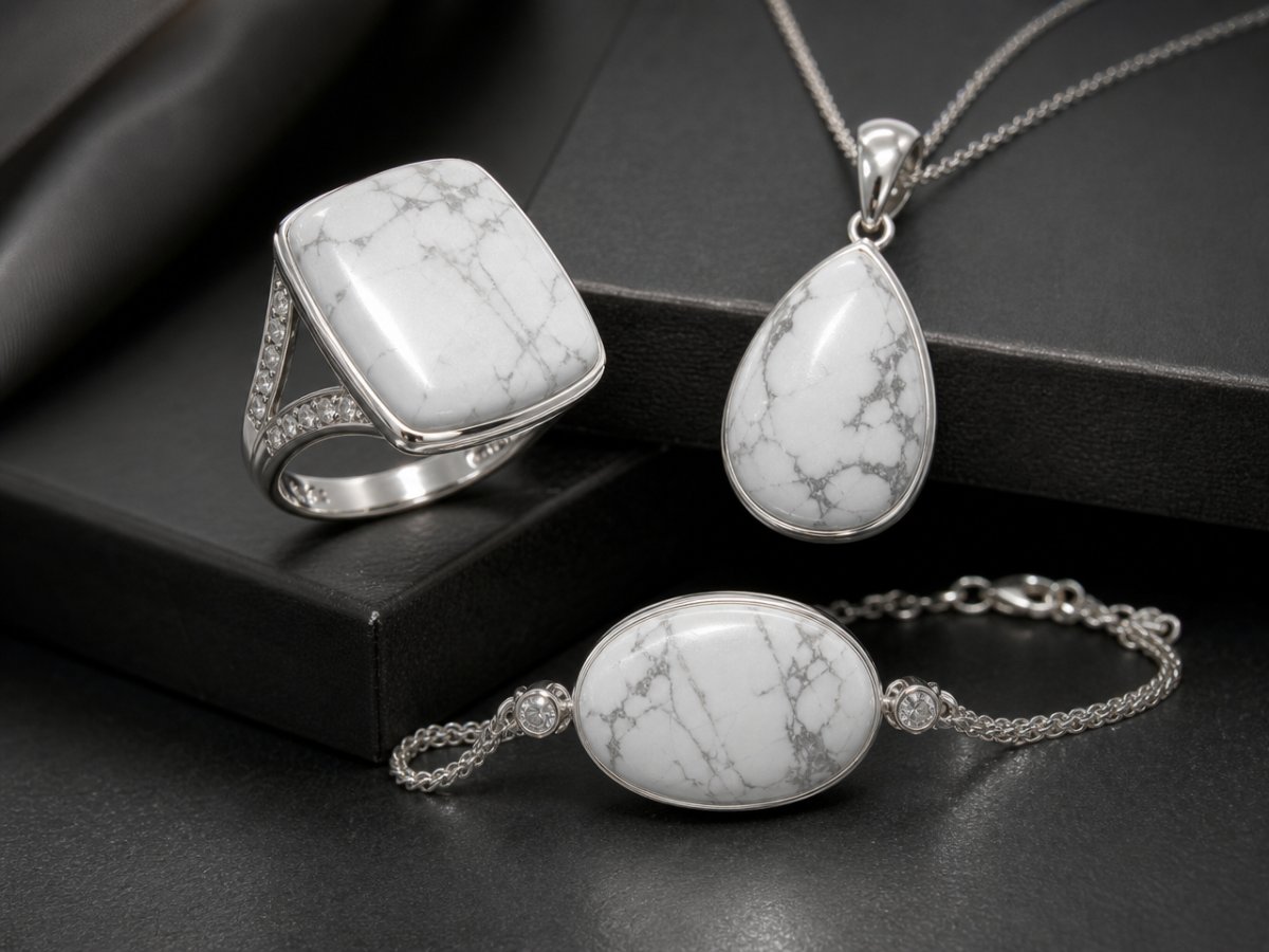 Piedras preciosas de howlita mostradas en joyería