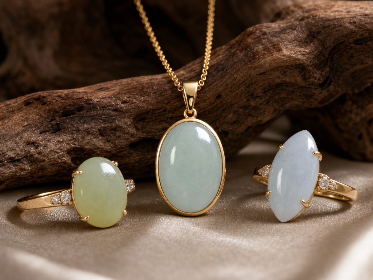 Gemas de jadeíta mostradas en joyería