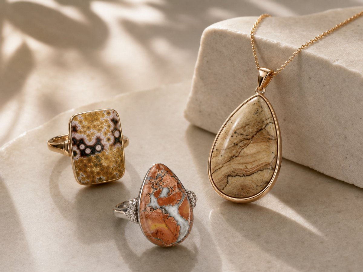 Piedras preciosas de jaspe mostradas en joyería