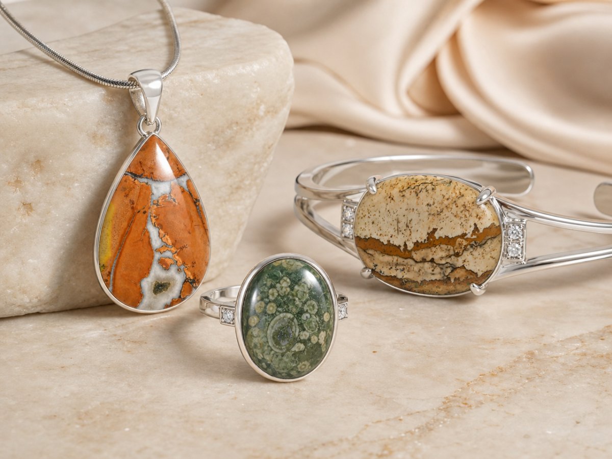 Piedras preciosas de jaspe mostradas en joyería