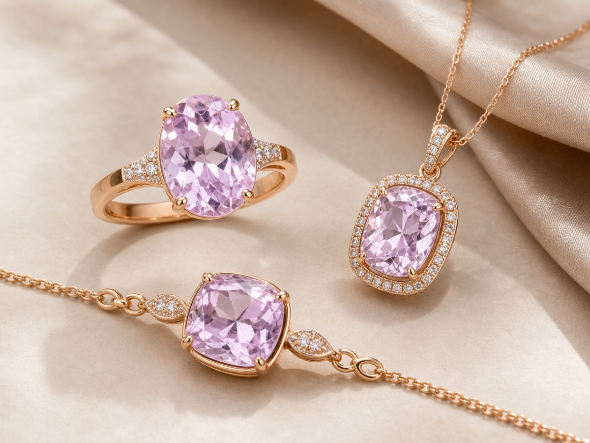 Gemas de kunzita mostradas en joyería