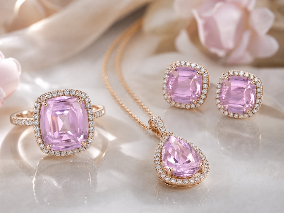 Gemas de kunzita mostradas en joyería