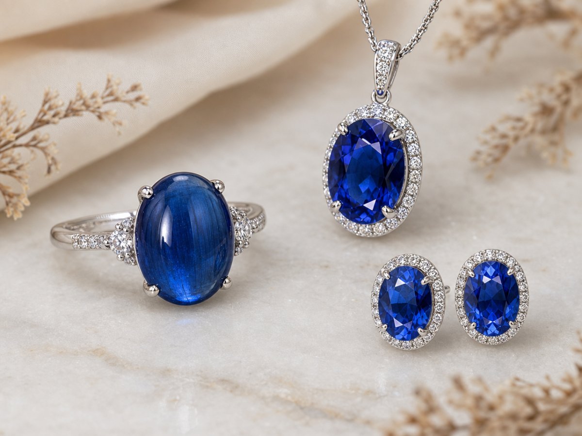 Gemas de cianita mostradas en joyería