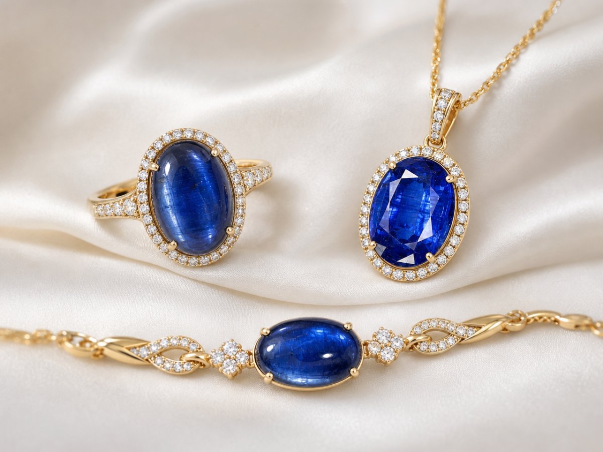 Gemas de cianita mostradas en joyería