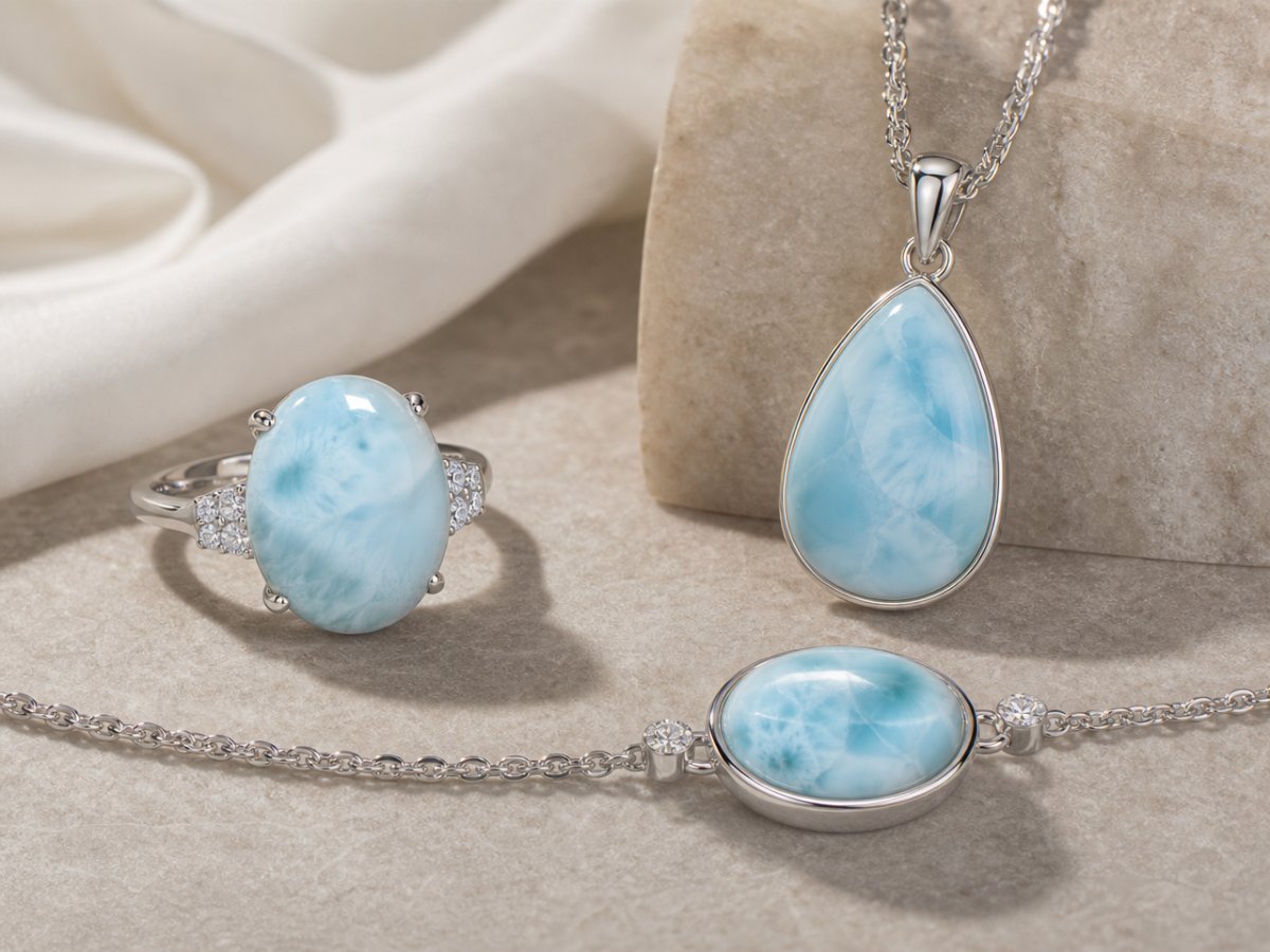 Gemas de larimar mostradas en joyería