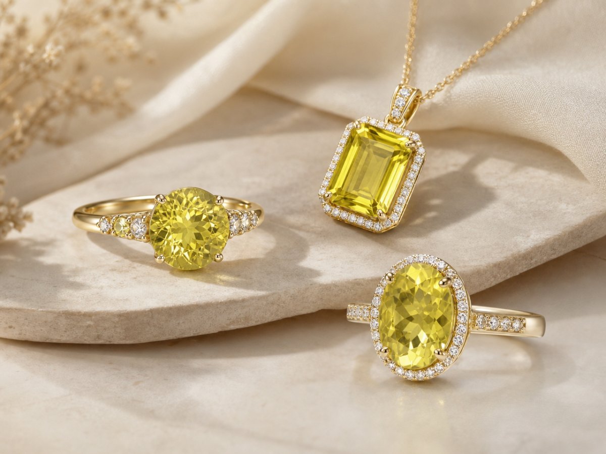 Gemas de cuarzo limón mostradas en joyería