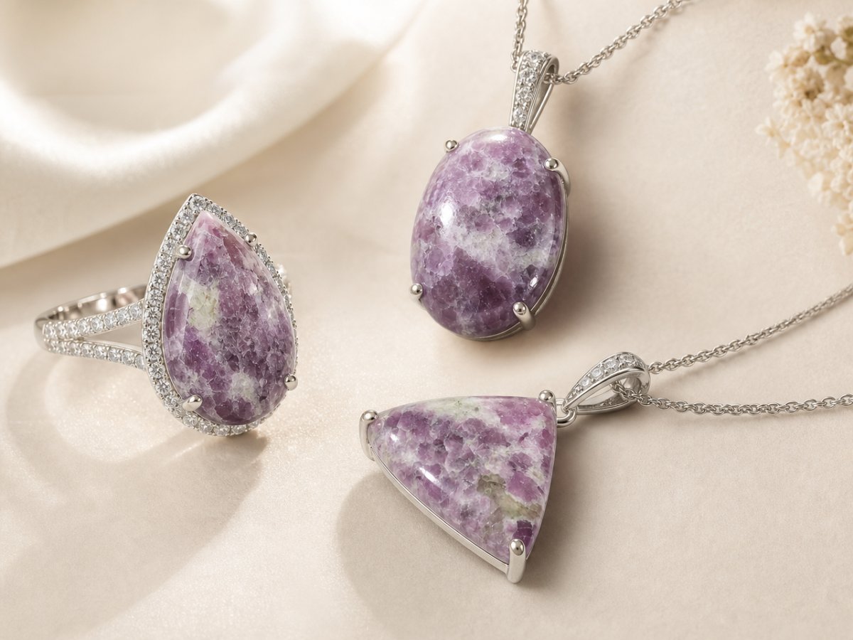 Gemas de lepidolita mostradas en joyería