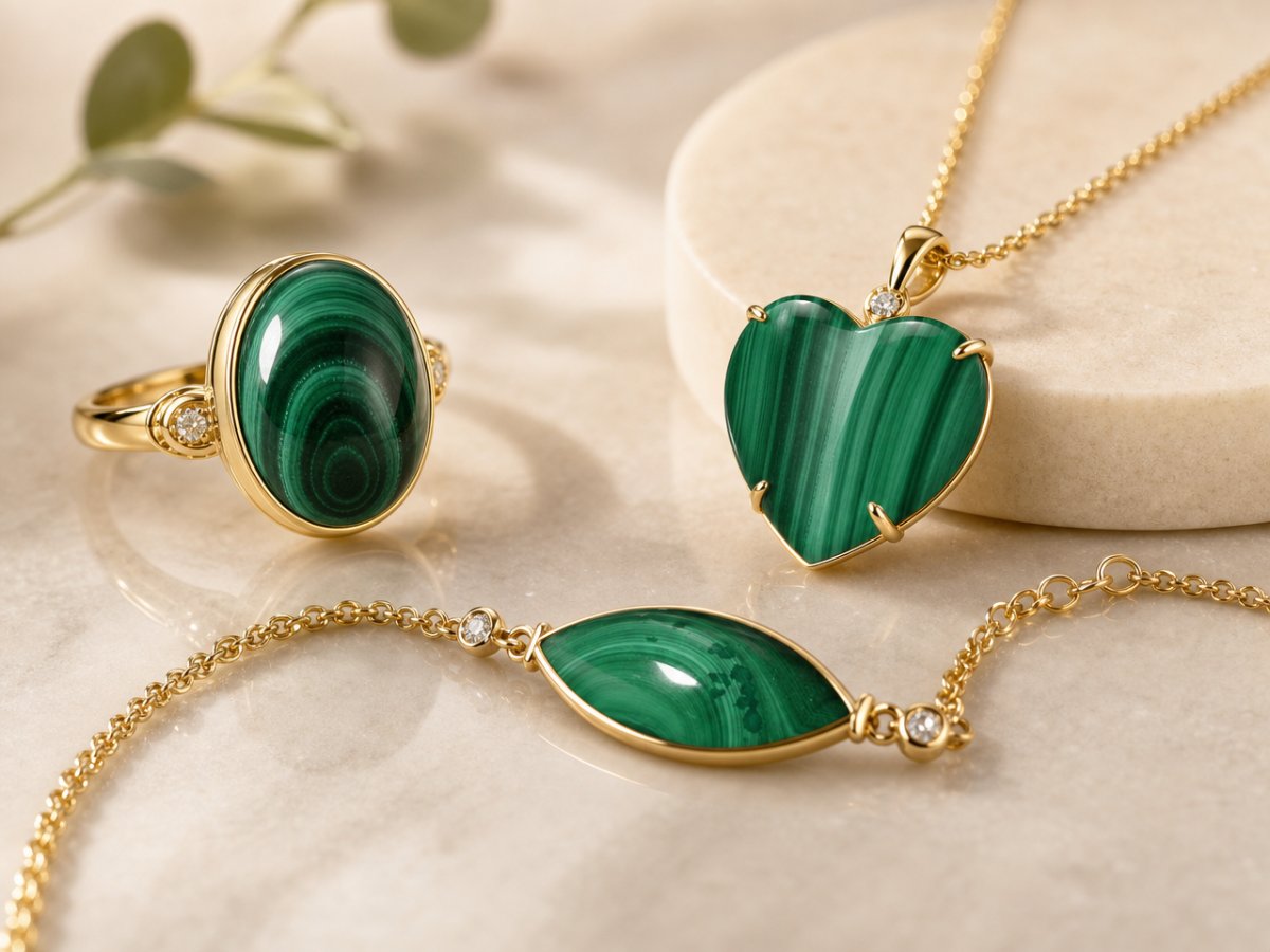Gemas de malaquita mostradas en joyería