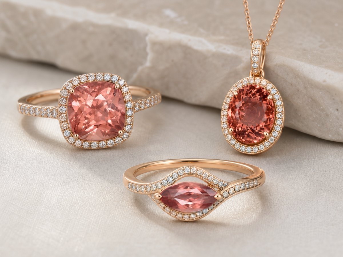 Gemas de granate malayo mostradas en joyería