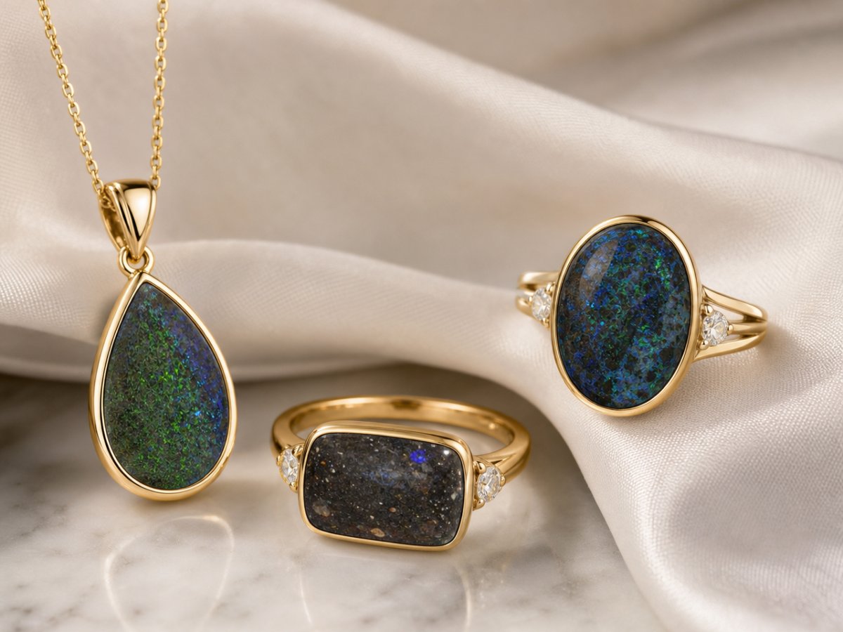 Gemas de ópalo matricial mostradas en joyería