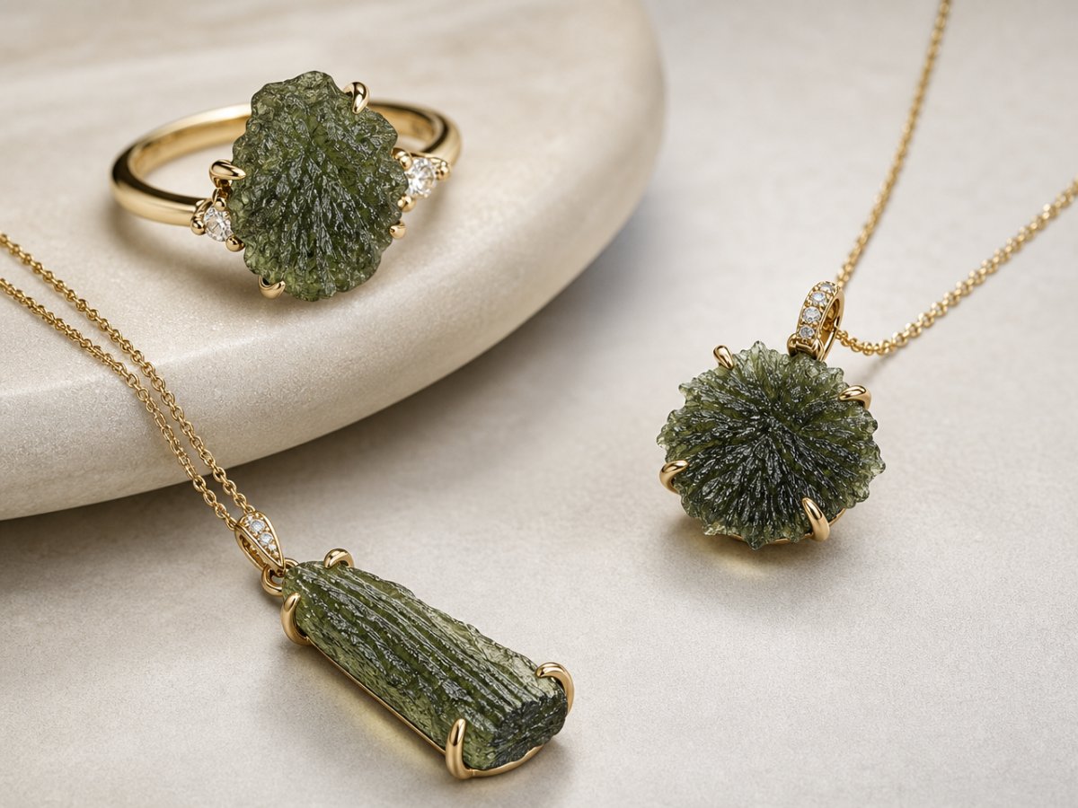 Gemas de moldavita mostradas en joyería