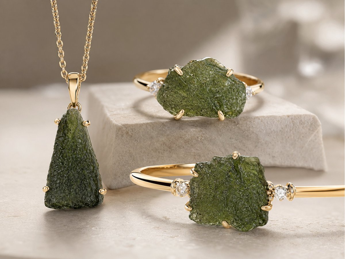 Gemas de moldavita mostradas en joyería