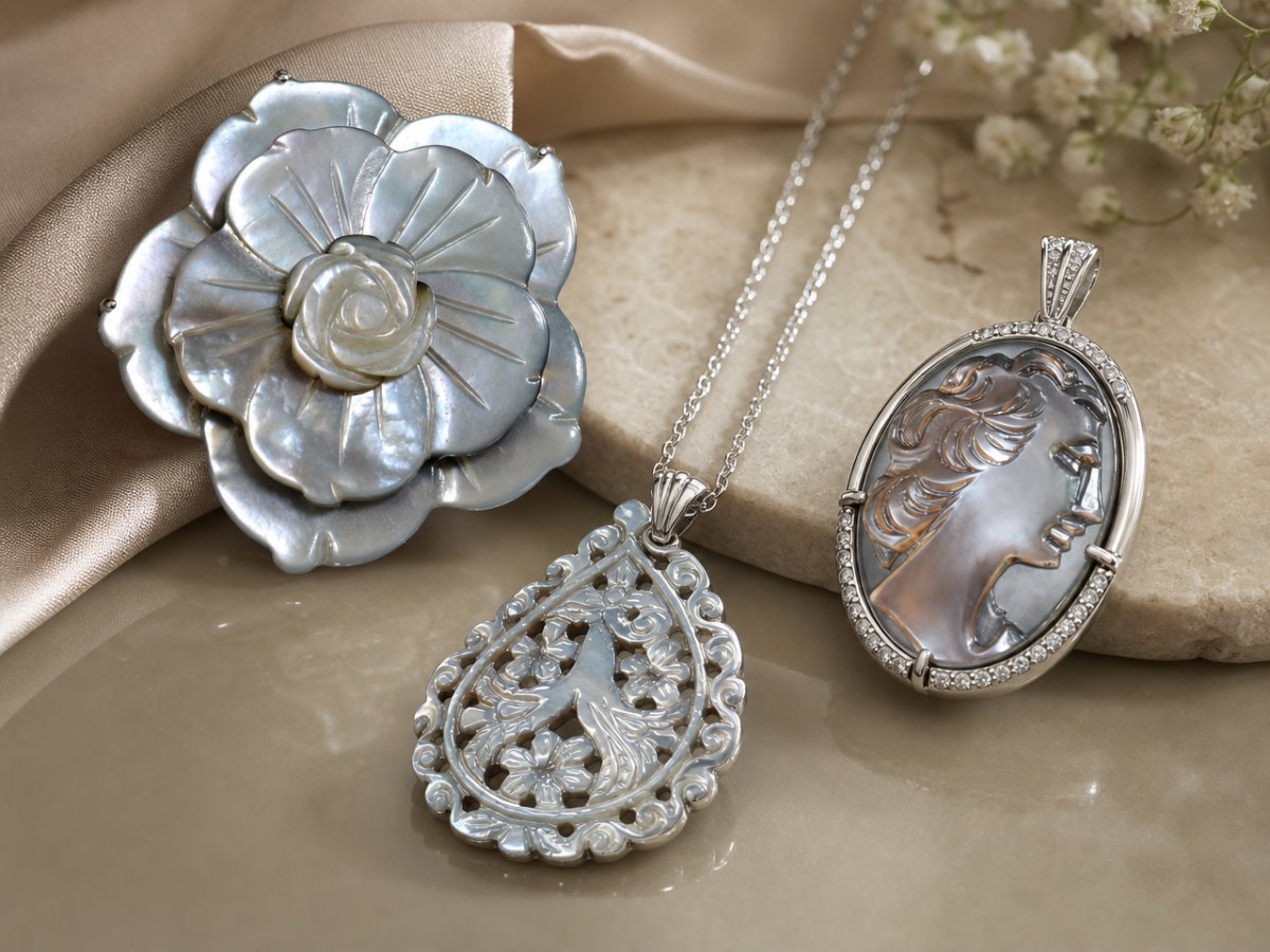 Gemas de nácar mostradas en joyería