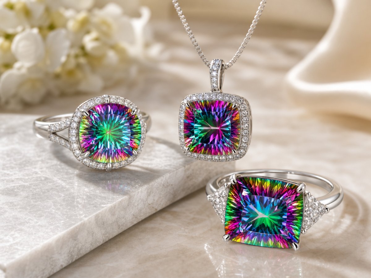 Gemas de cuarzo místico mostradas en joyería