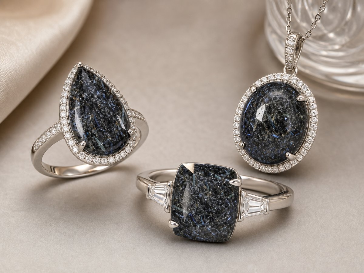 Gemas de nuummita mostradas en joyería