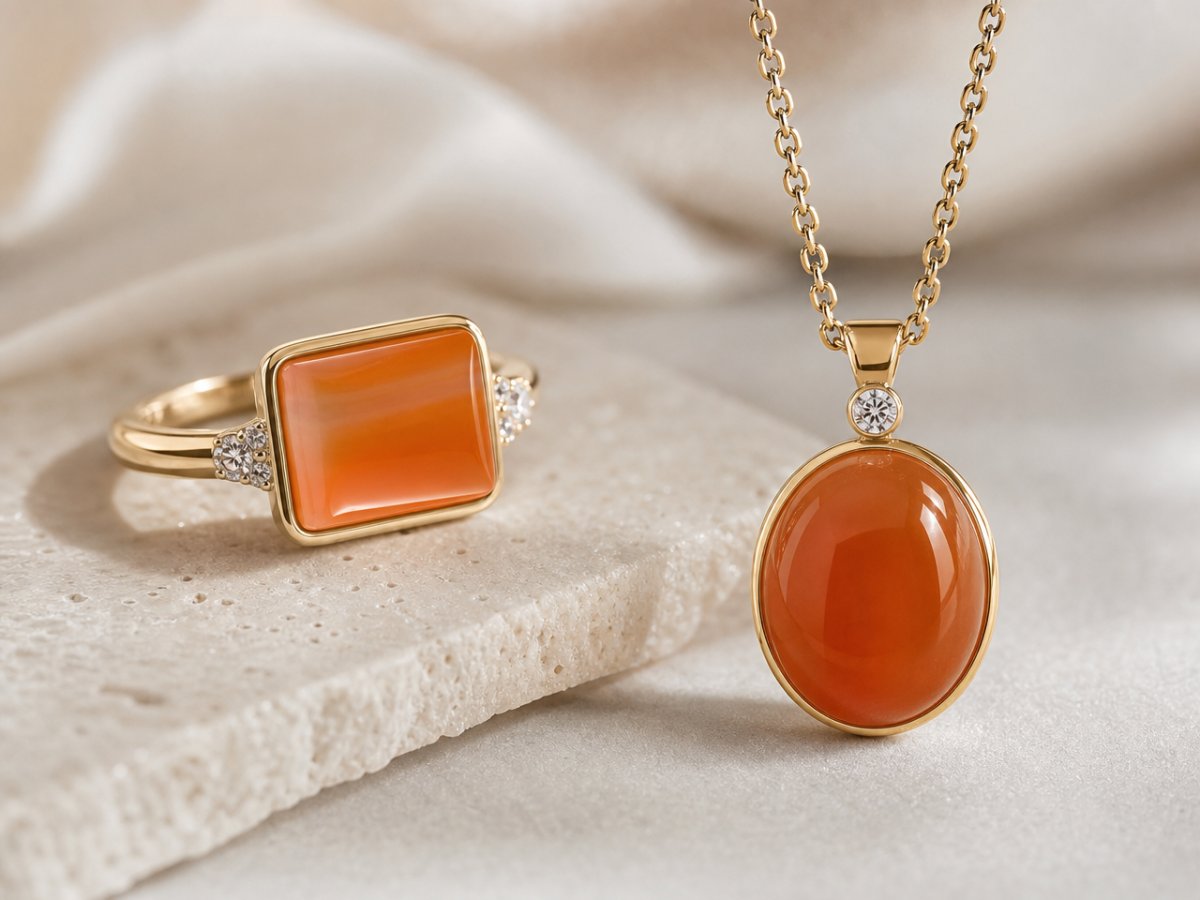 Gemas de ágata naranja mostradas en joyería