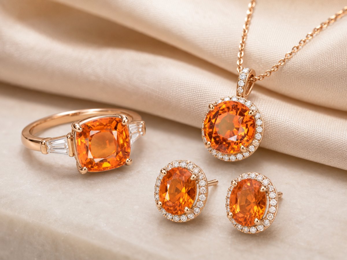 Gemas de zafiro naranja mostradas en joyería