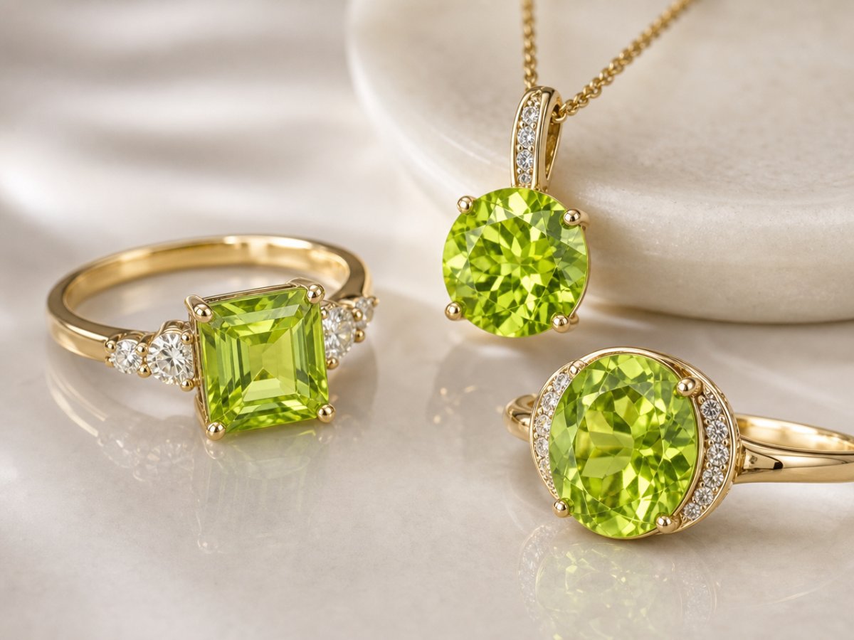 Gemas de peridoto mostradas en joyería