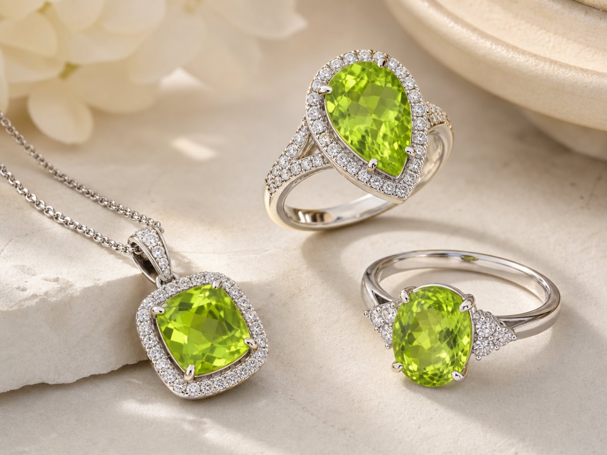 Gemas de peridoto mostradas en joyería