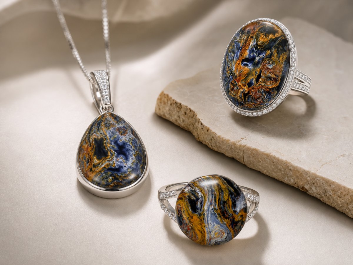 Gemas de pietersita mostradas en joyería