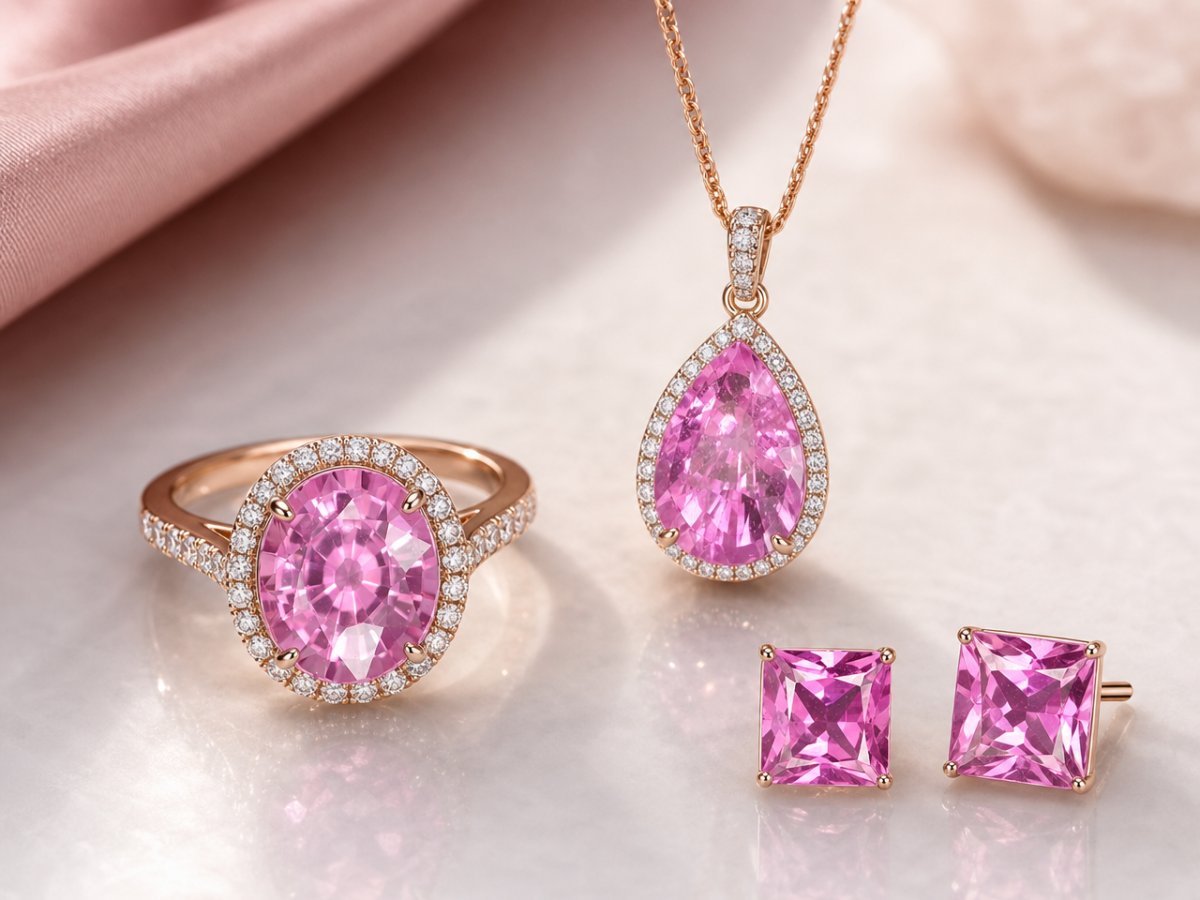 Gemas de zafiro rosa mostradas en joyería