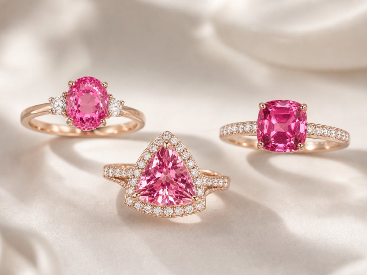 Gemas de espinela rosa mostradas en joyería