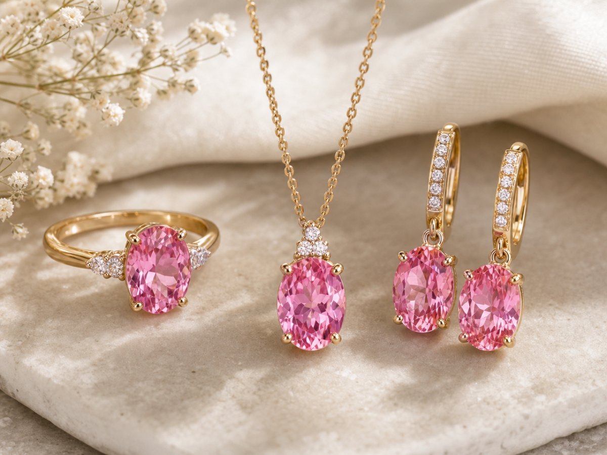 Gemas de topacio rosa mostradas en joyería