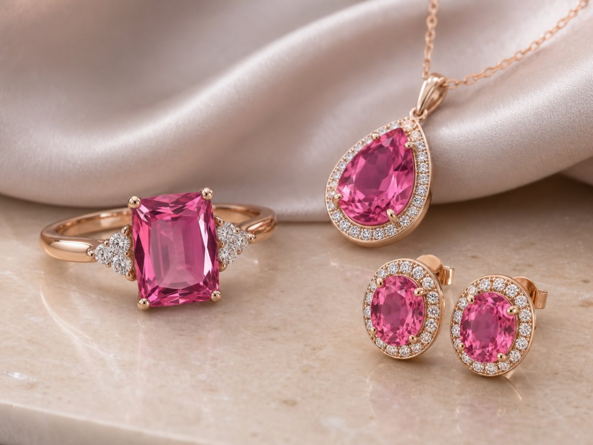 Gemas de turmalina rosa mostradas en joyería