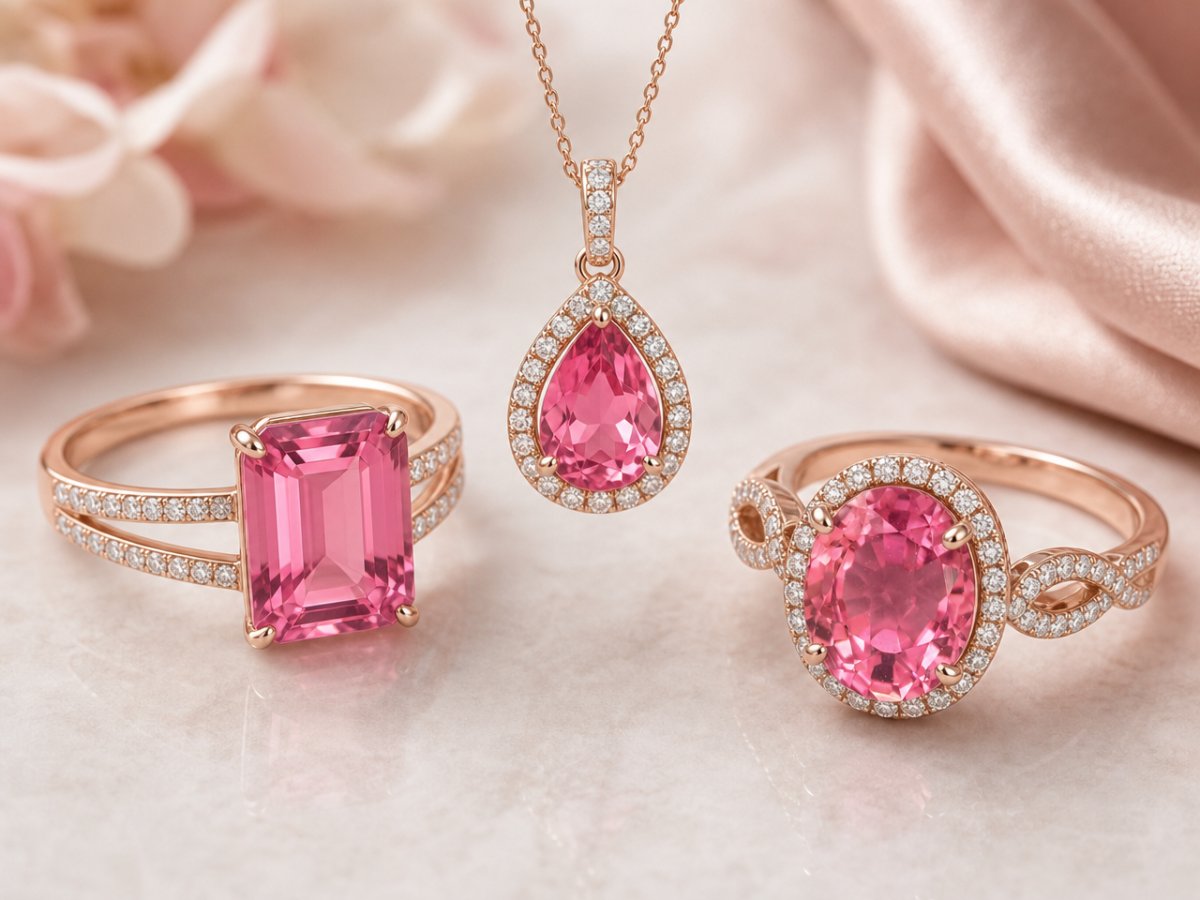 Gemas de turmalina rosa mostradas en joyería