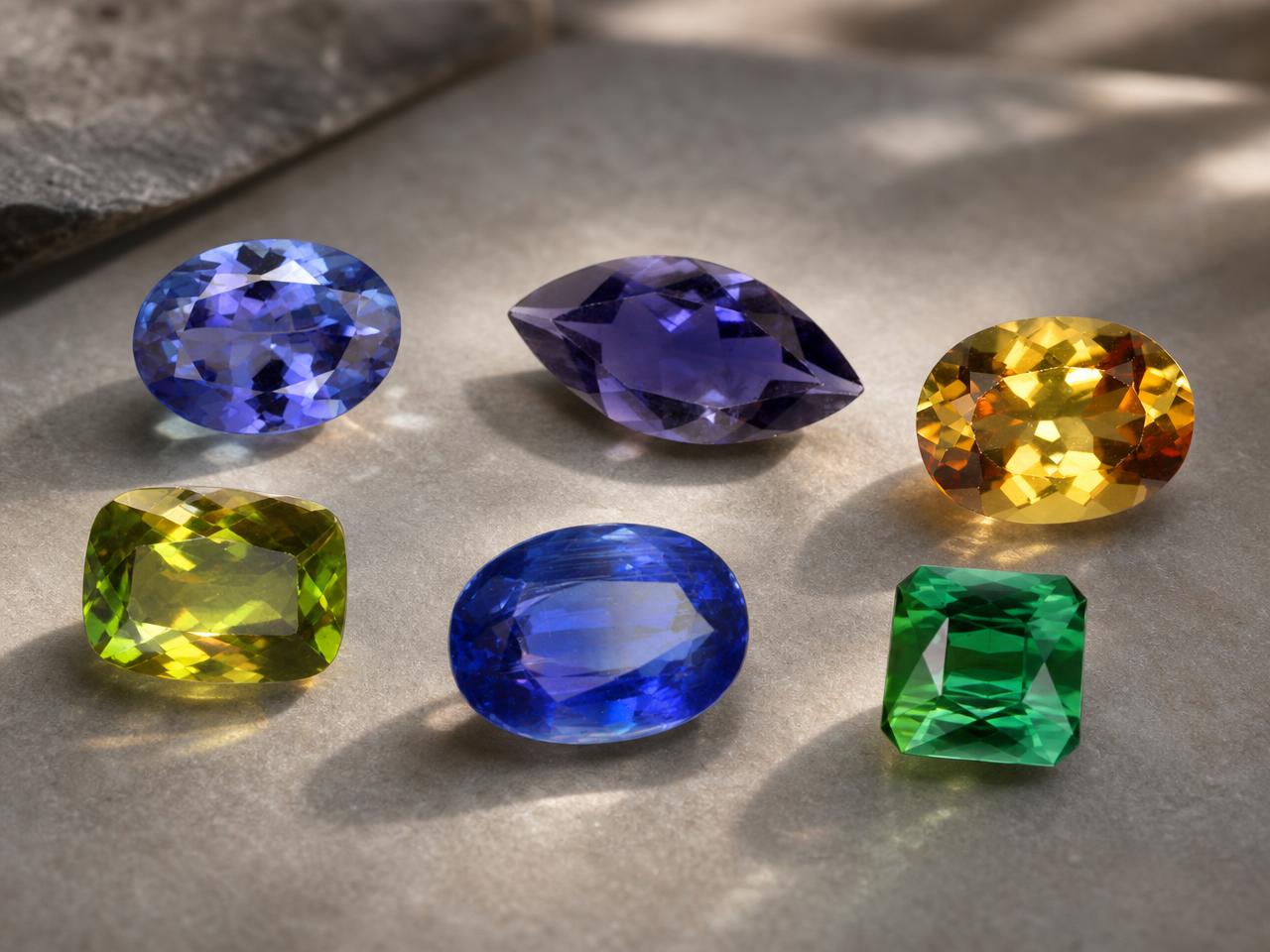 Gemas pleocroicas sueltas que muestran colores que dependen del ángulo de visión.