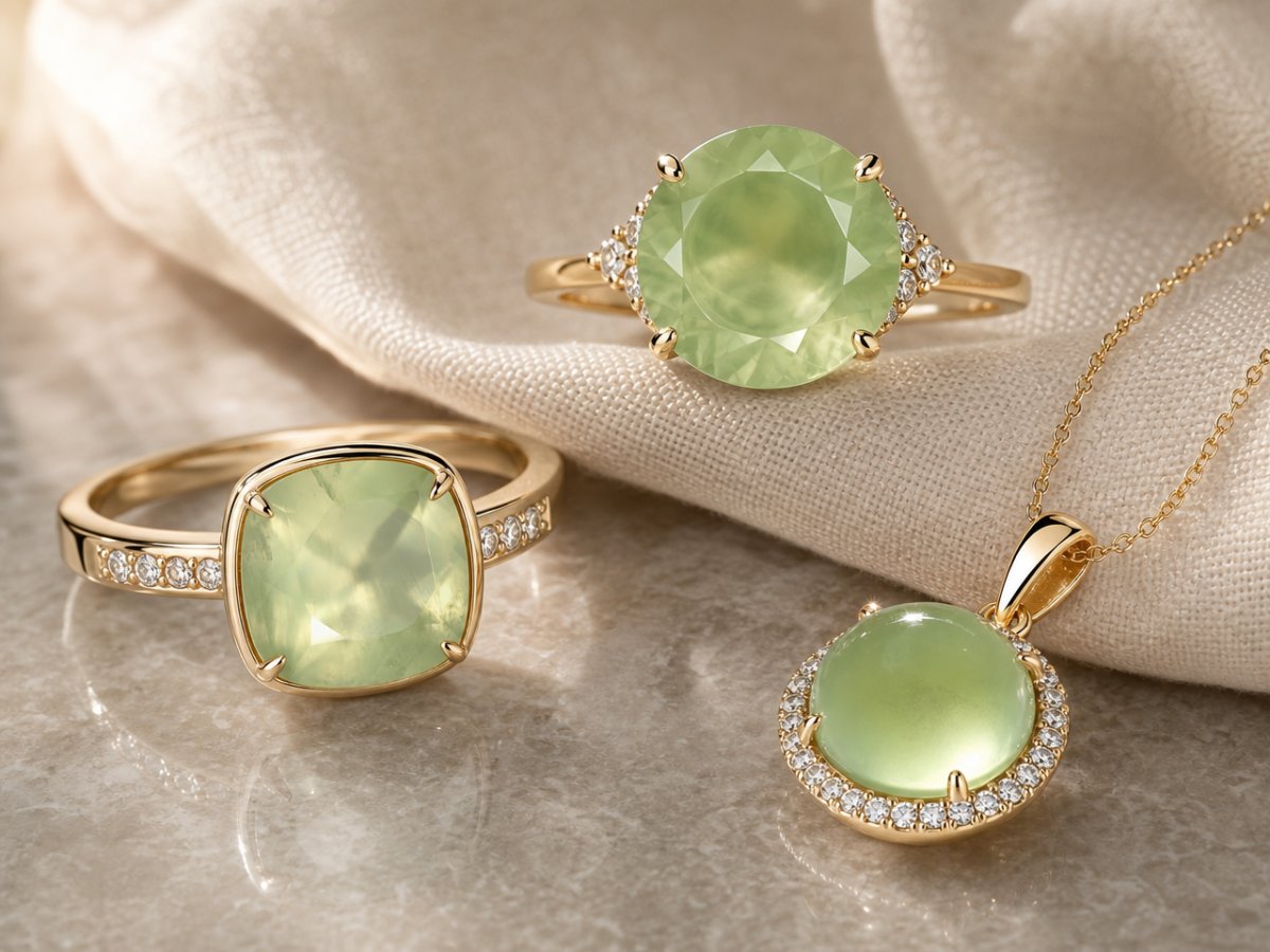 Gemas de prehnita mostradas en joyería