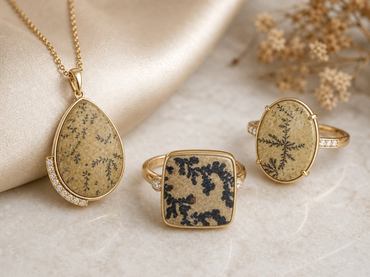 Gemas dendríticas de psilomelano mostradas en joyería