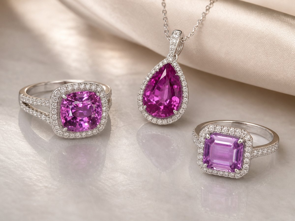 Gemas de zafiro púrpura mostradas en joyería